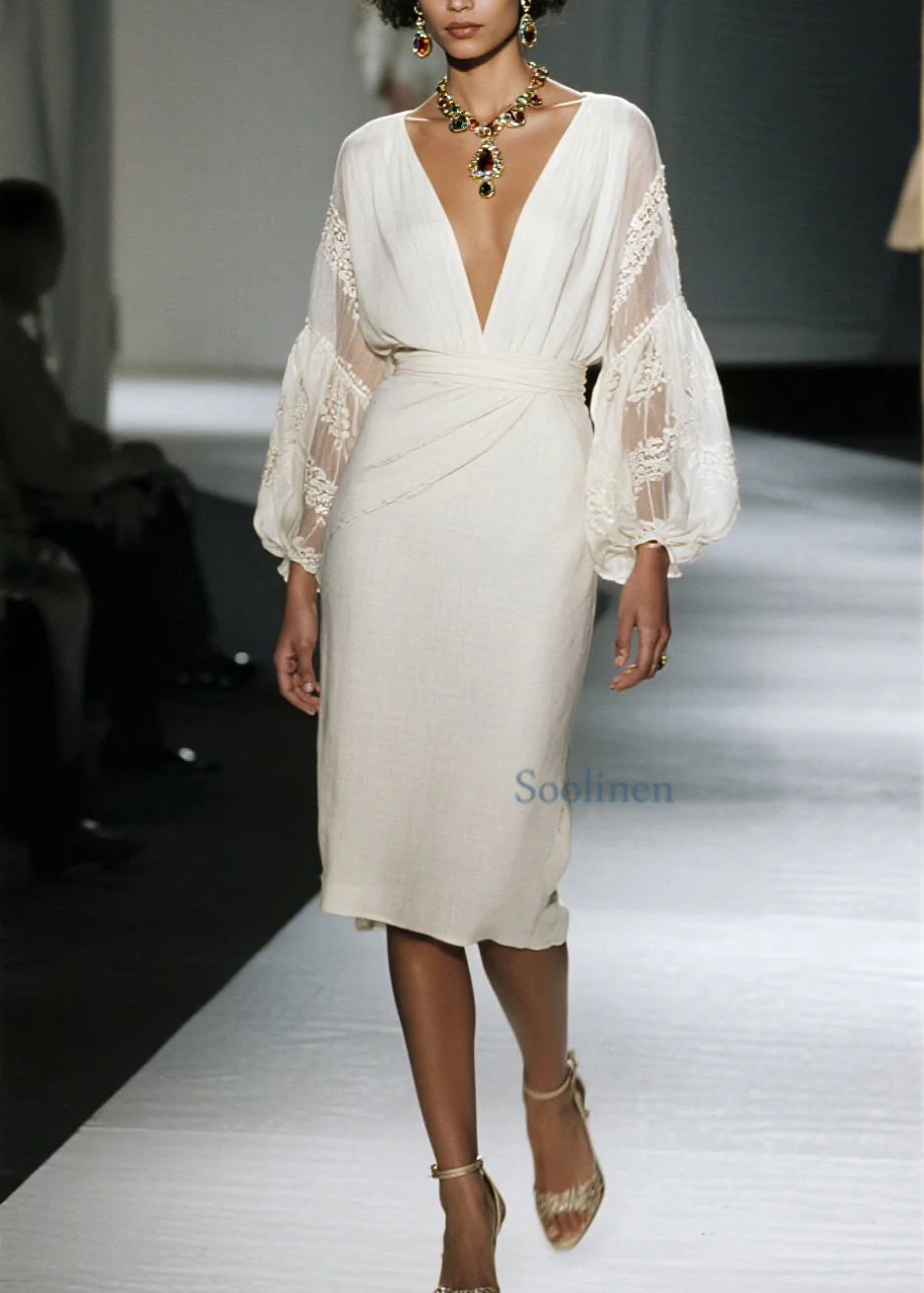 Organic V Neck Lace Patchwork Cotton Dress Spring - Image 5