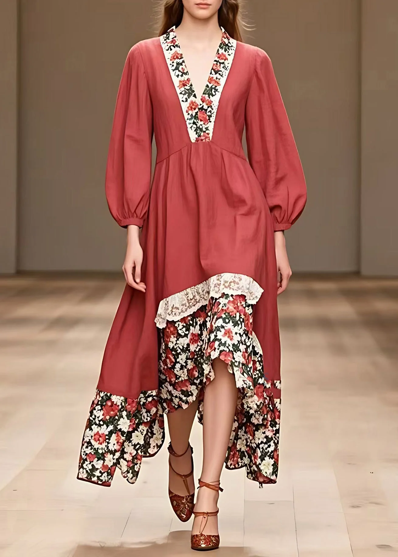 Organic V Neck Print Patchwork Long Dresses Long Sleeve - Image 2