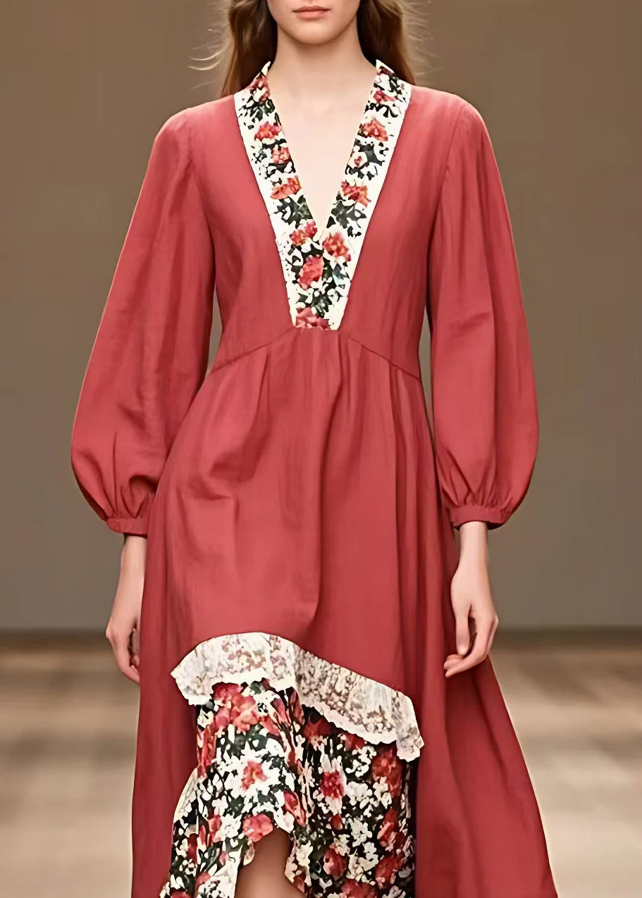 Organic V Neck Print Patchwork Long Dresses Long Sleeve - Image 3
