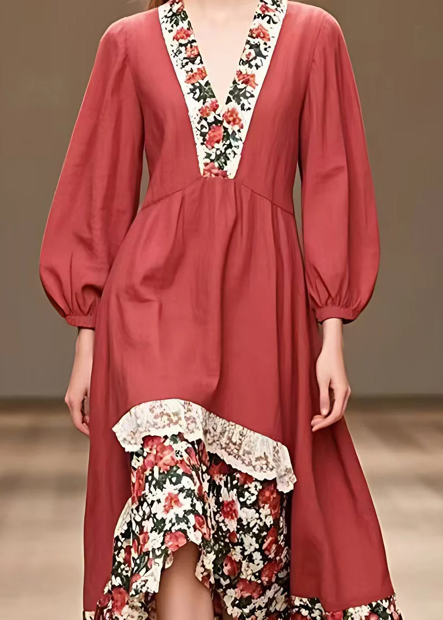 Organic V Neck Print Patchwork Long Dresses Long Sleeve - Image 4