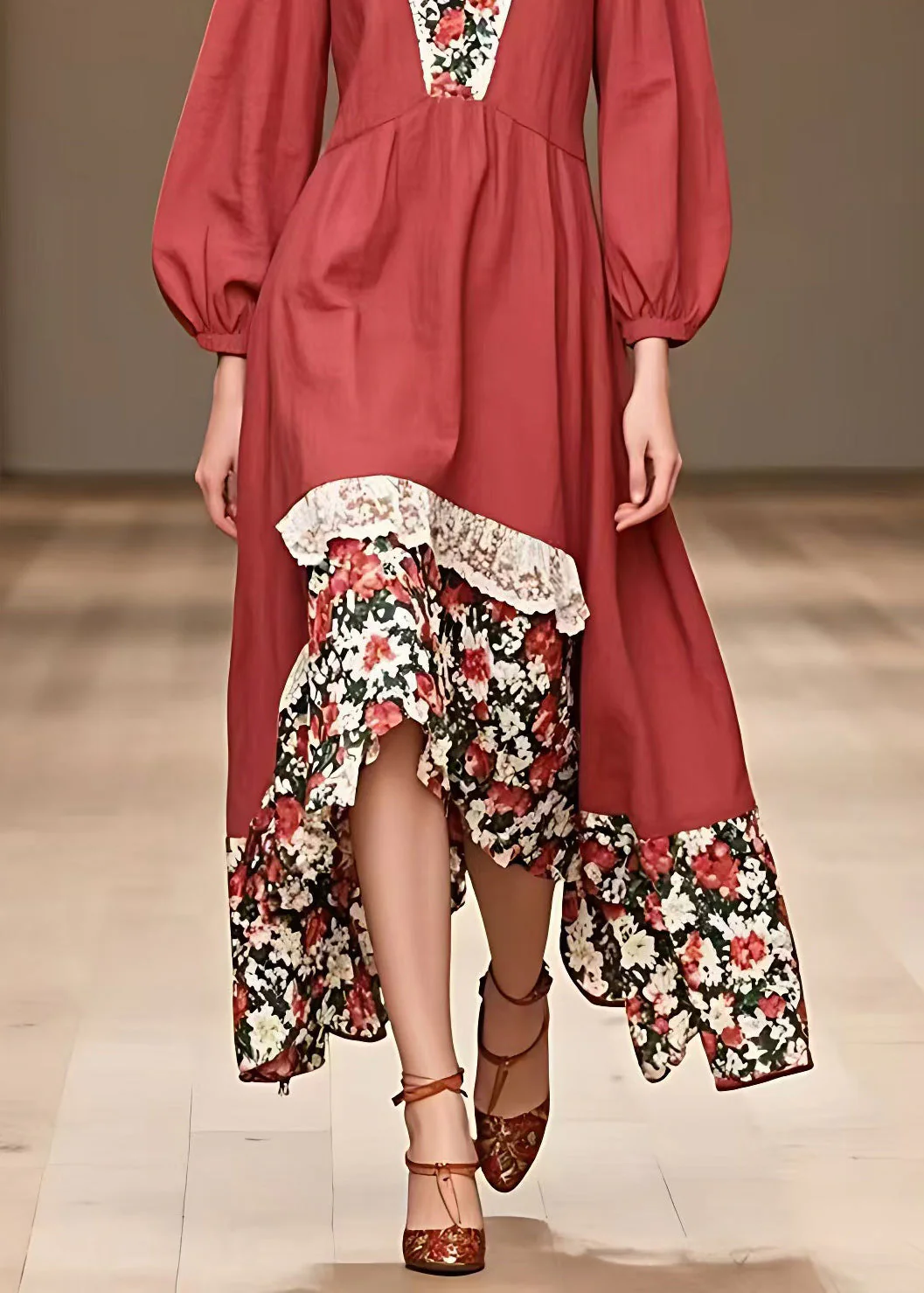 Organic V Neck Print Patchwork Long Dresses Long Sleeve - Image 5