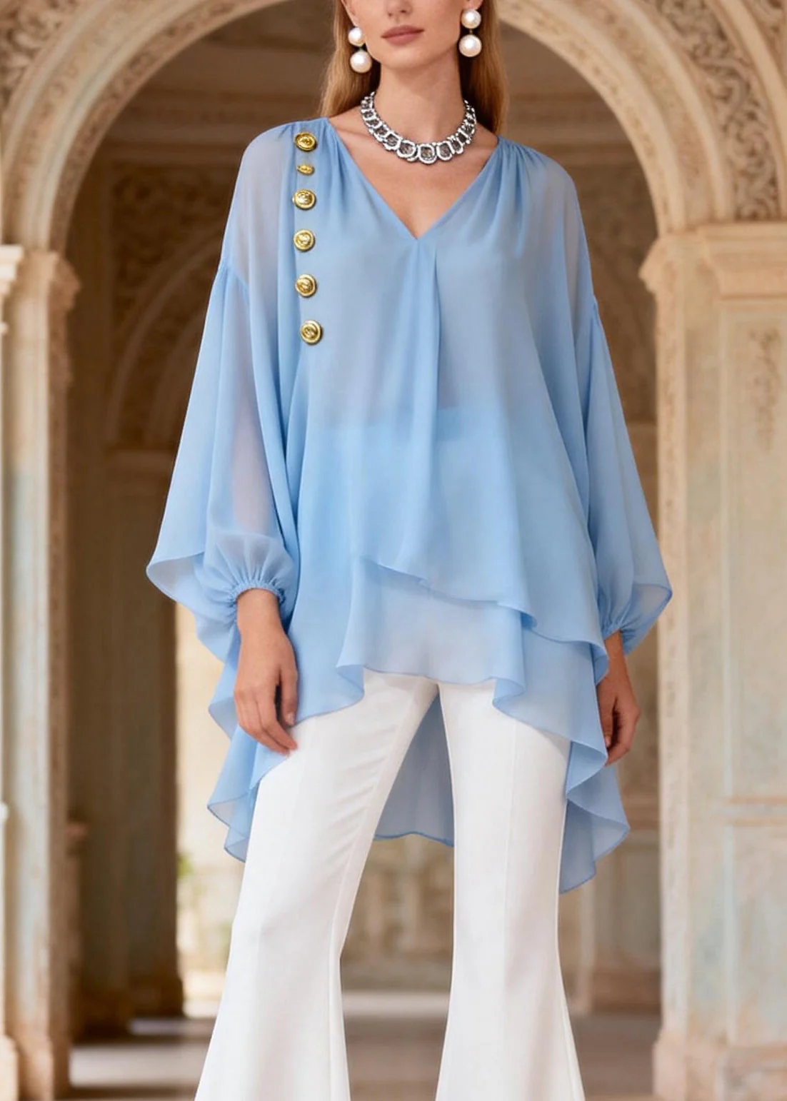 Organic V Neck Top And Pants Chiffon Two Piece Set Outfits Spring - Image 2