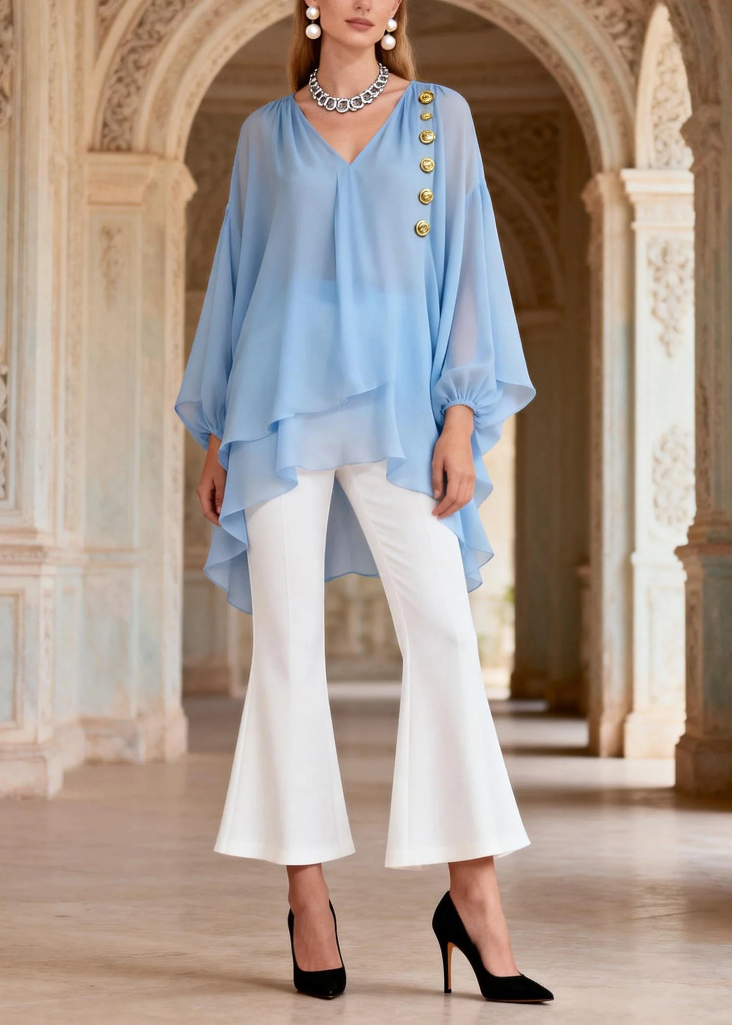 Organic V Neck Top And Pants Chiffon Two Piece Set Outfits Spring - Image 3