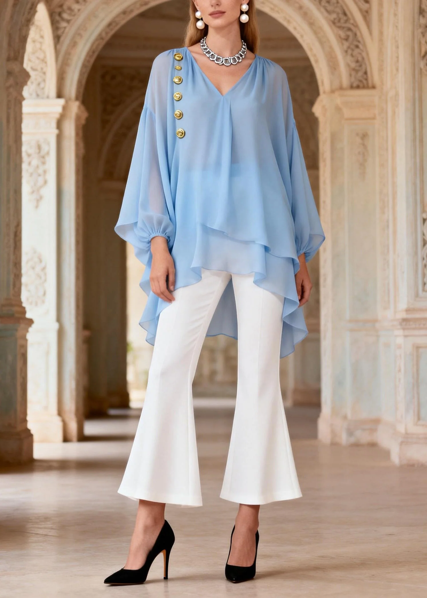 Organic V Neck Top And Pants Chiffon Two Piece Set Outfits Spring - Image 5