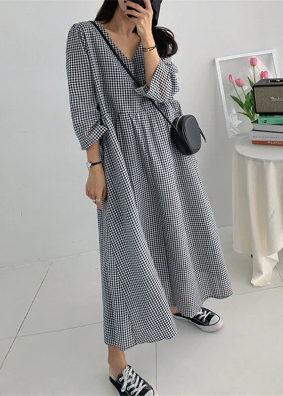 Organic V Neck Wrinkled Pockets Plaid Cotton Dresses Long Sleeve - Image 2
