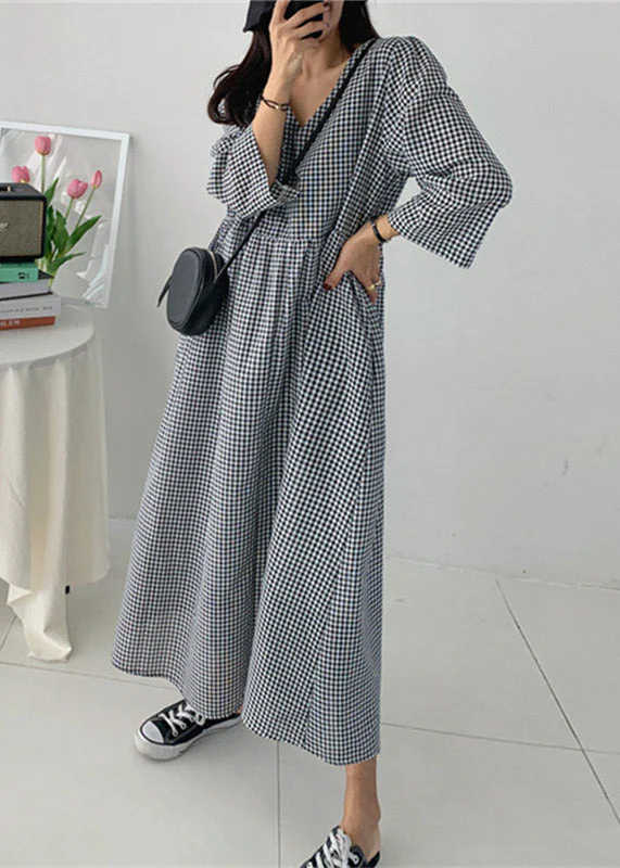 Organic V Neck Wrinkled Pockets Plaid Cotton Dresses Long Sleeve - Image 3