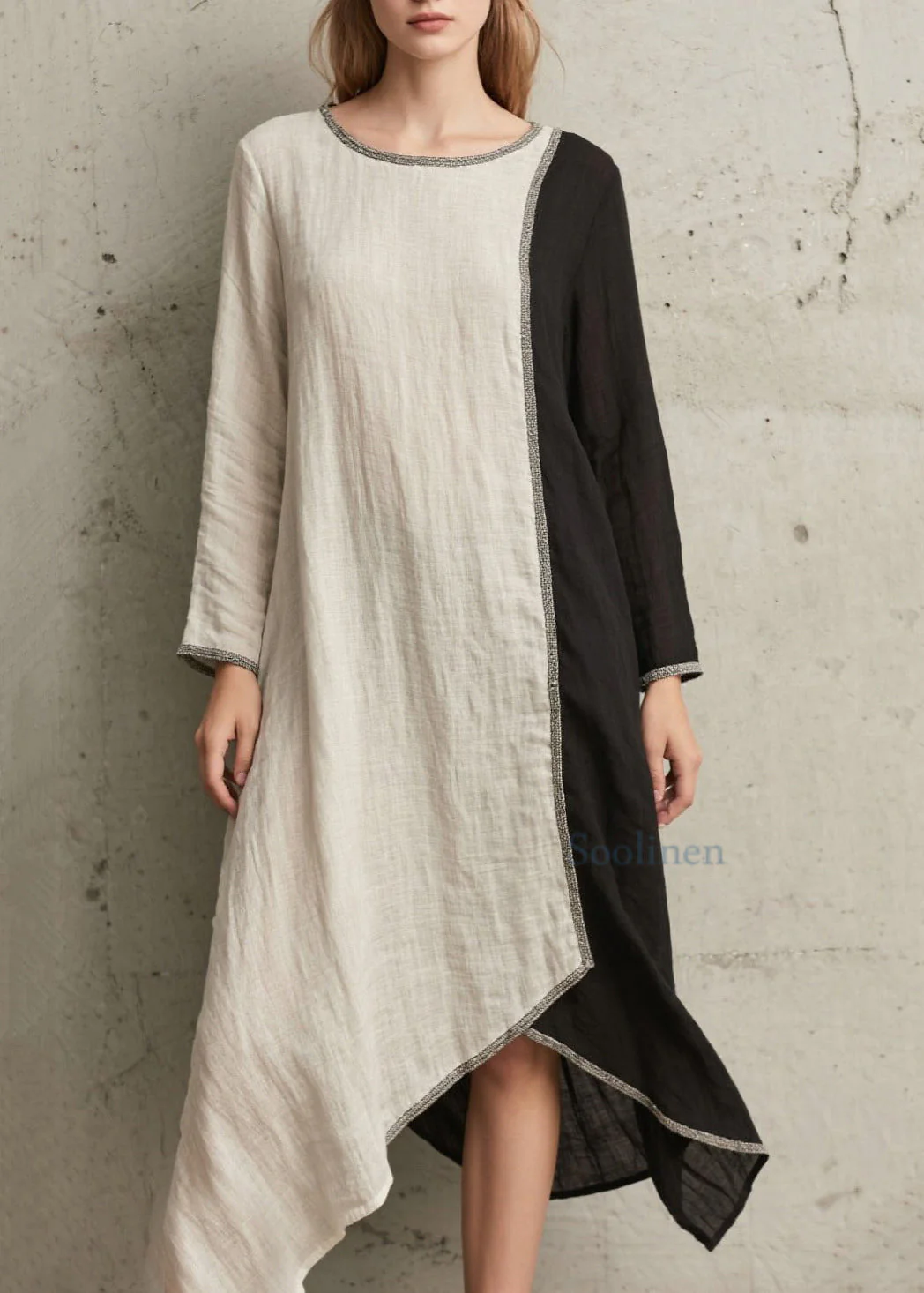 Organic White Asymmetrical Patchwork Cotton Long Dress Spring - Image 3