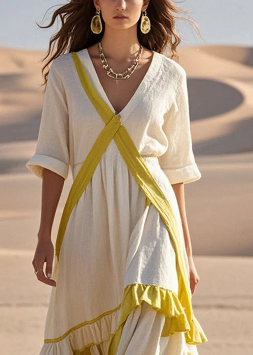 Organic White Asymmetrical Patchwork Ruffles Cotton Party Dress Spring - Image 2