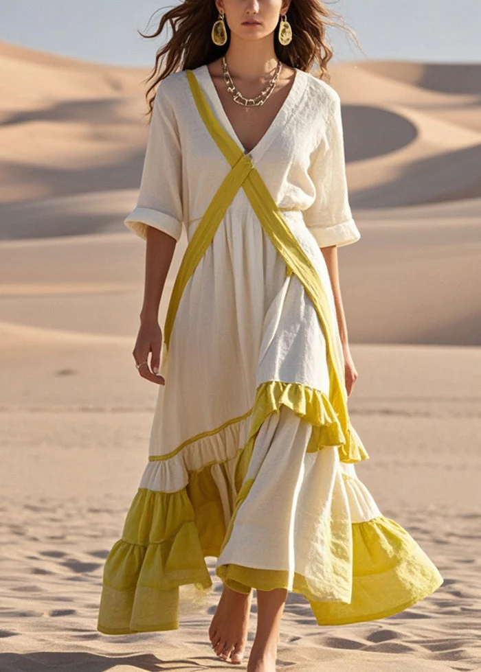 Organic White Asymmetrical Patchwork Ruffles Cotton Party Dress Spring - Image 5