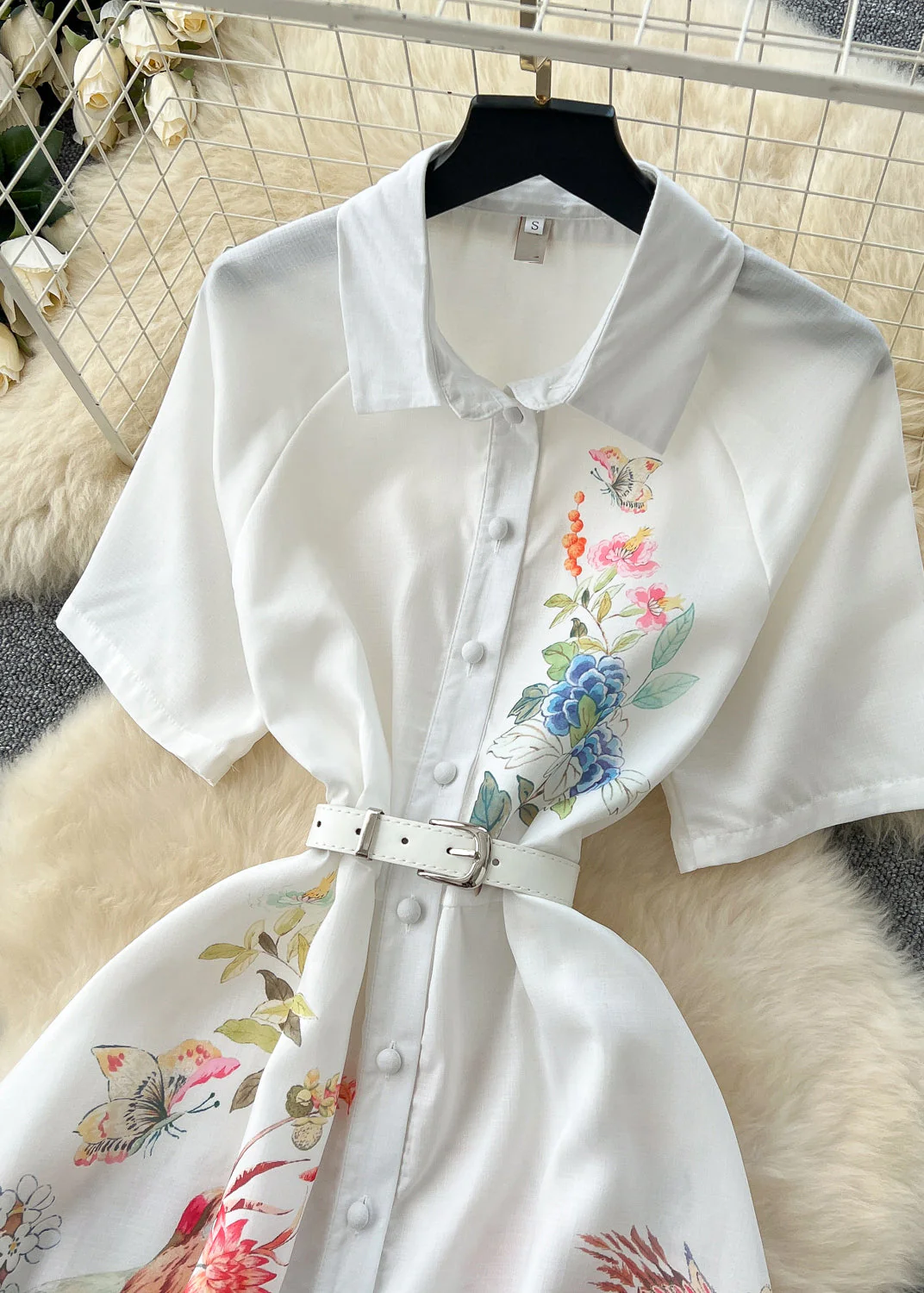 Organic White Cinched Print Chiffon Long Dress Summer - Image 3