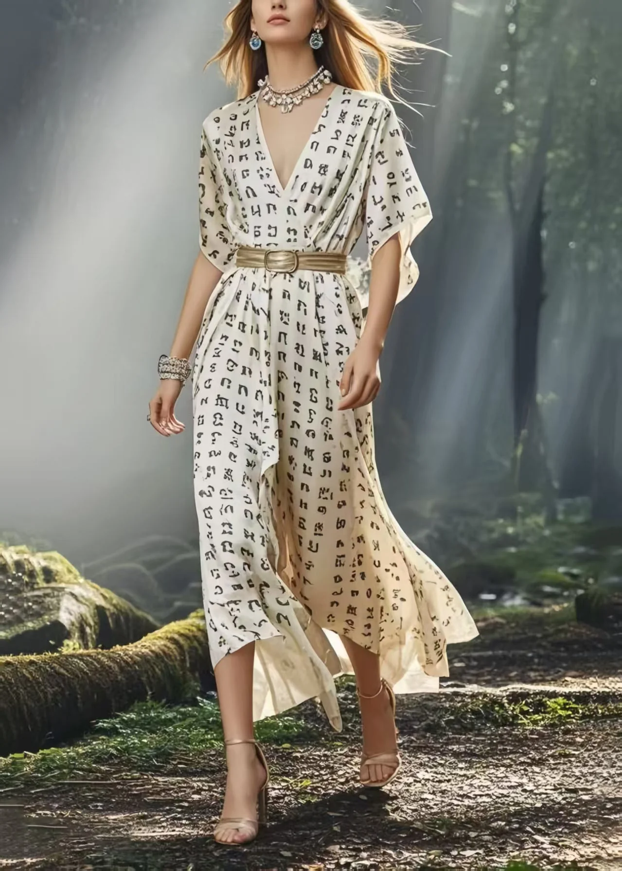 Organic White Cinched Print Silk Maxi Dresses Summer - Image 3