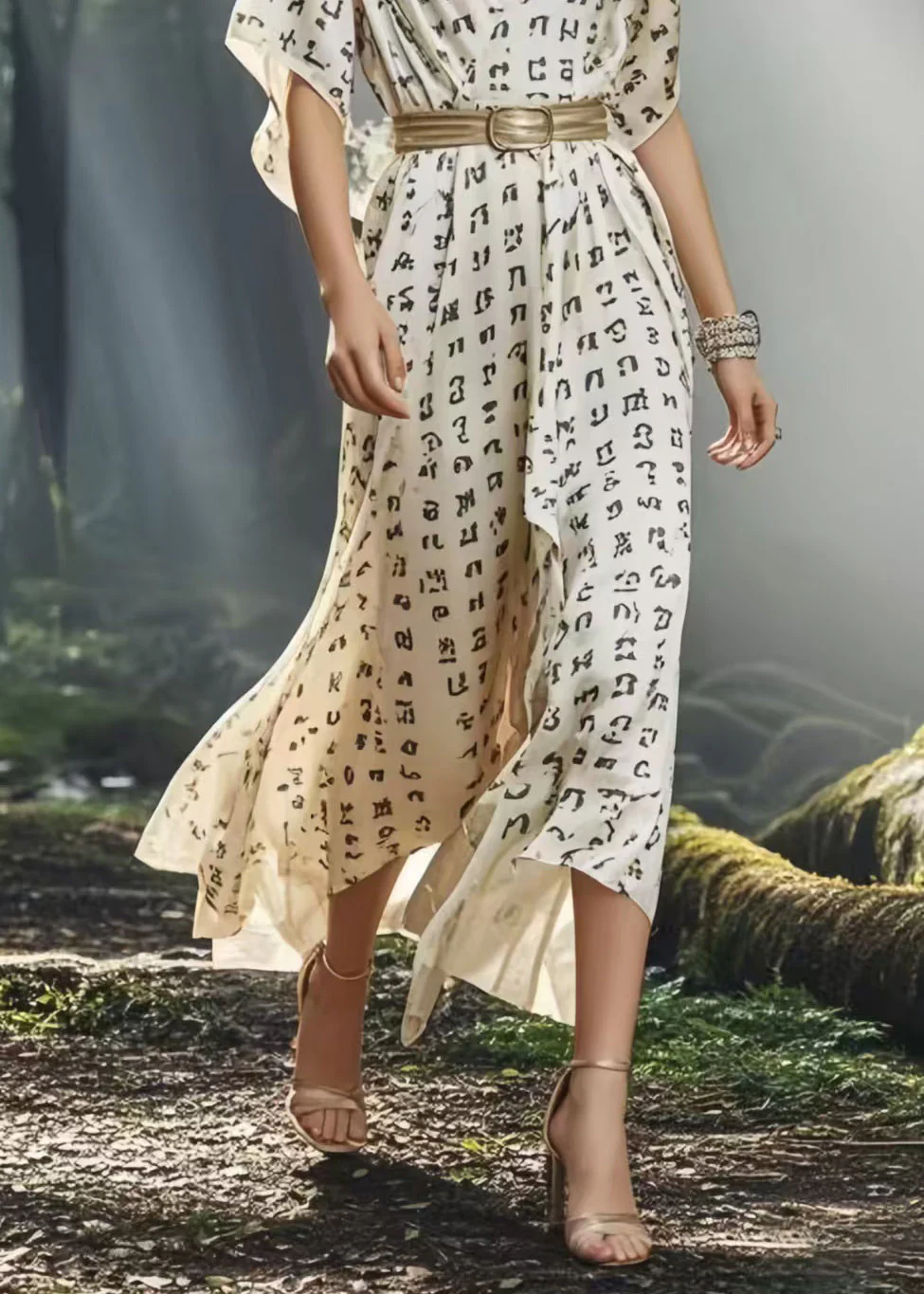 Organic White Cinched Print Silk Maxi Dresses Summer - Image 4
