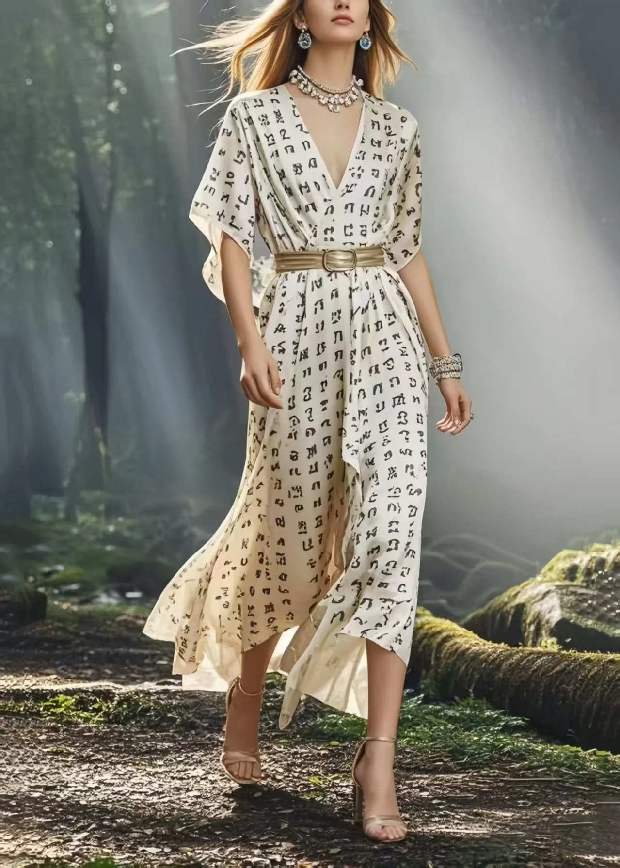 Organic White Cinched Print Silk Maxi Dresses Summer - Image 5