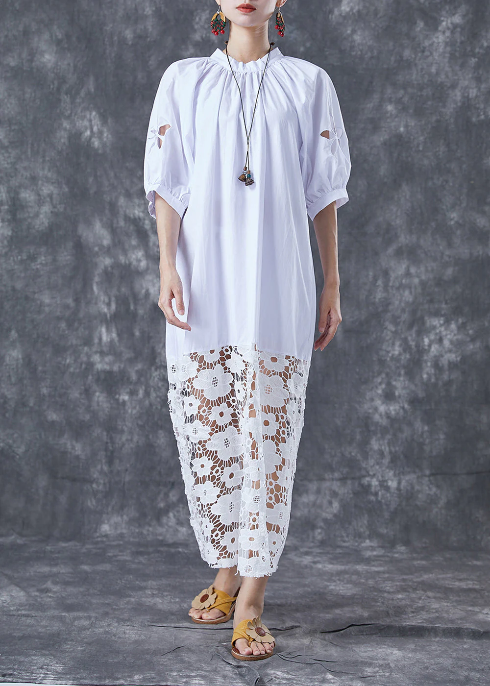 Organic White Hollow Out Patchwork Lace Cotton Ankle Dress Summer - Image 3