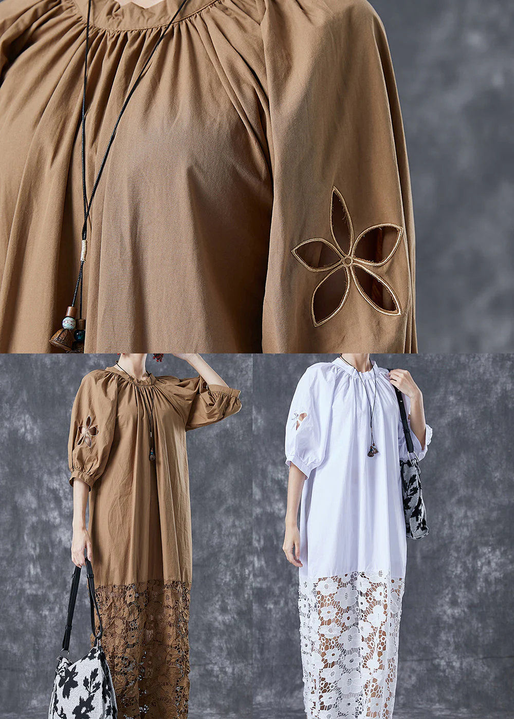 Organic White Hollow Out Patchwork Lace Cotton Ankle Dress Summer - Image 5