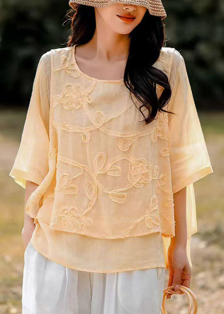 Organic White O-Neck Embroidered Fake Two-Piece Linen Top Summer - Image 2