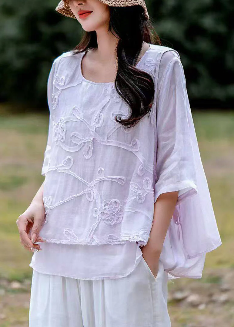 Organic White O-Neck Embroidered Fake Two-Piece Linen Top Summer - Image 3