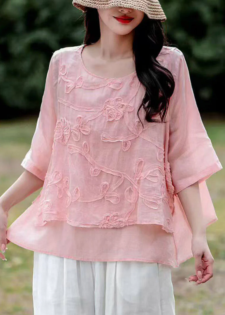 Organic White O-Neck Embroidered Fake Two-Piece Linen Top Summer - Image 4