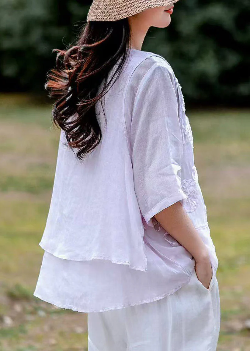 Organic White O-Neck Embroidered Fake Two-Piece Linen Top Summer - Image 5