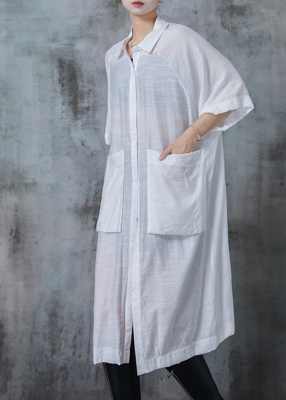 Organic White Oversized Pockets Linen Dress Summer - Image 3