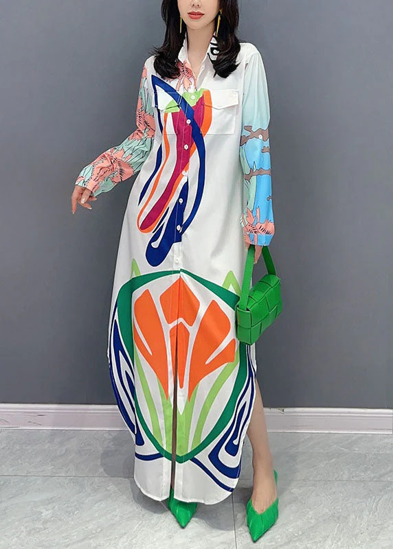 Organic White Peter Pan Collar Print Patchwork Cotton Maxi Shirts Dress Summer - Image 2