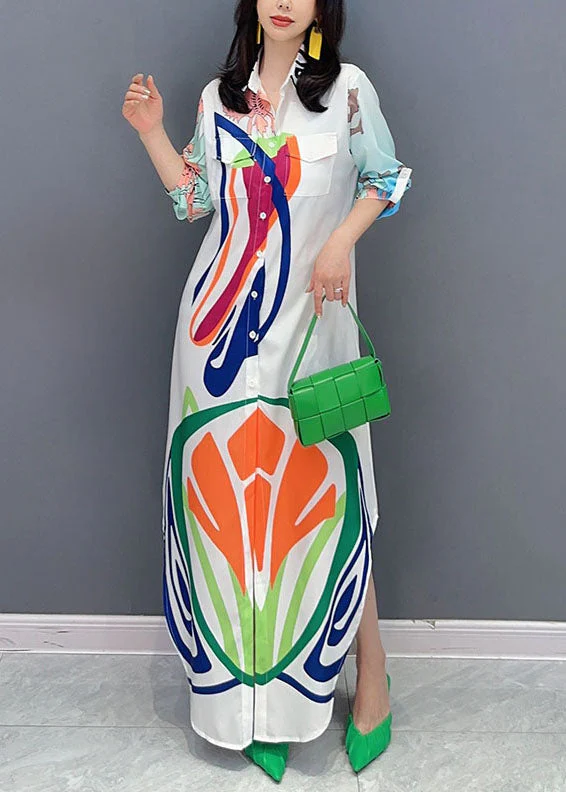 Organic White Peter Pan Collar Print Patchwork Cotton Maxi Shirts Dress Summer - Image 3