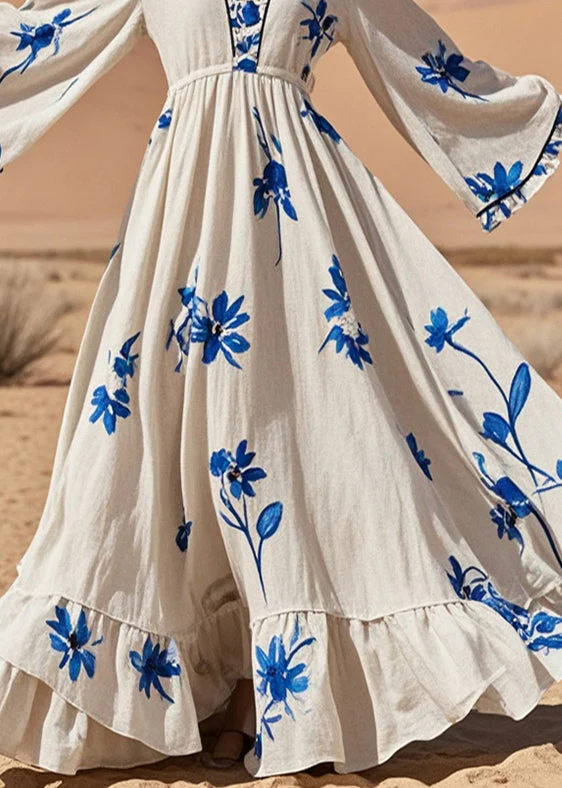Organic White Print Exra Large Hem Cotton Long Dress Spring - Image 4