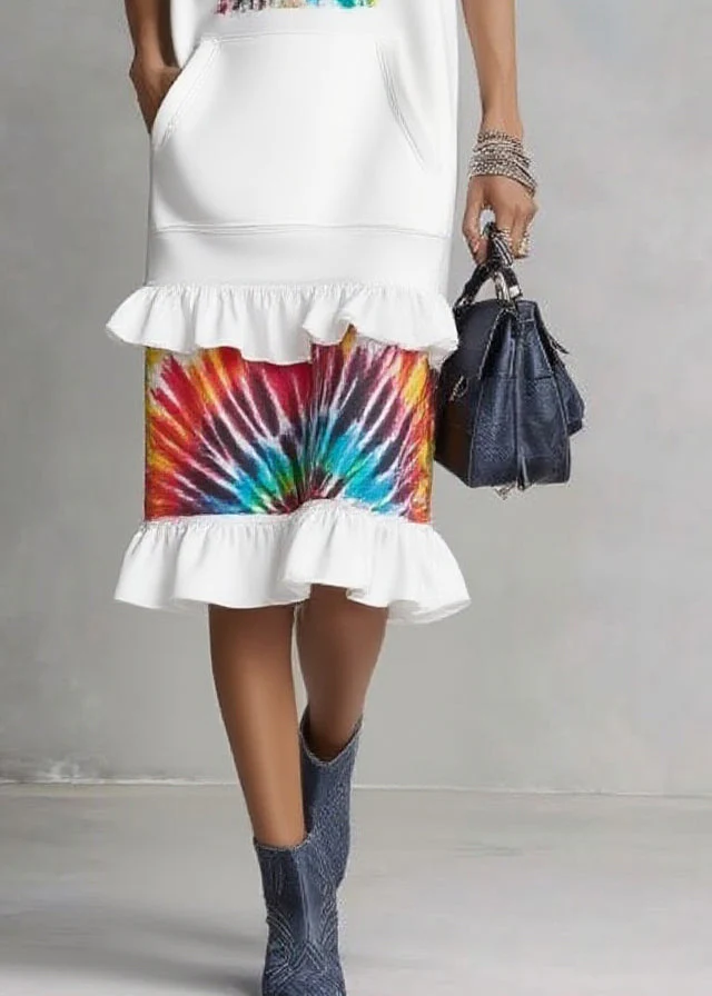 Organic White Ruffled Pocket Drawstring Holiday Long Dress Sleeveless - Image 4