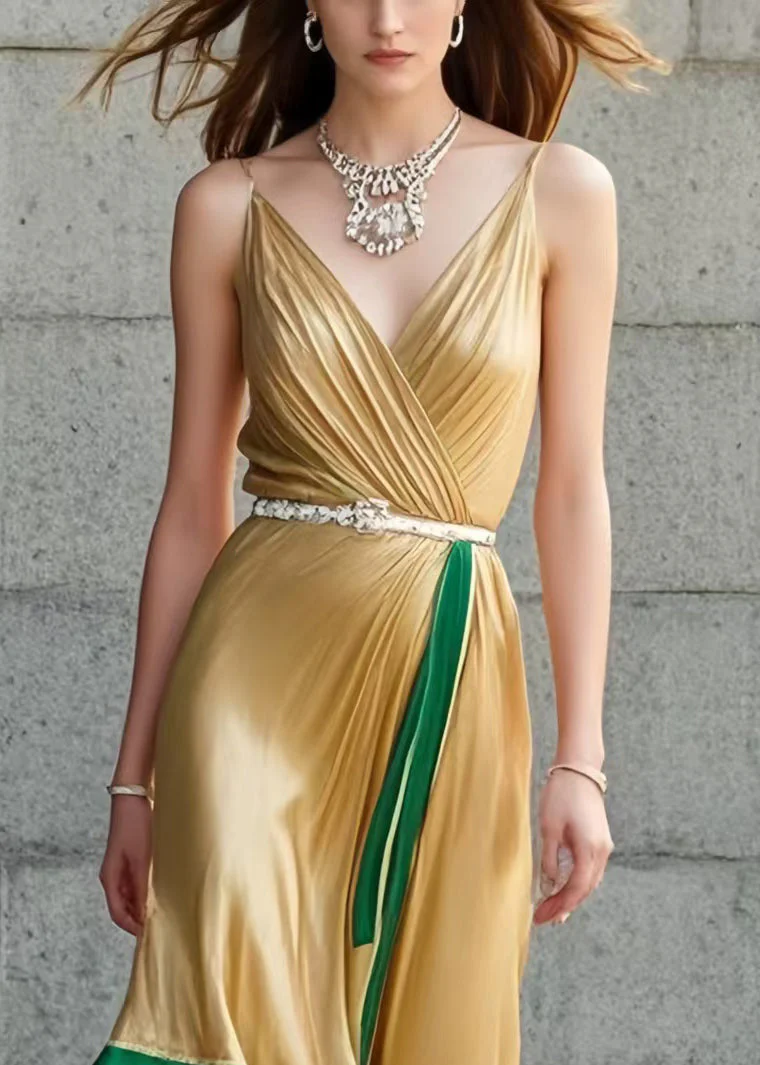 Organic Yellow Asymmetrical Patchwork Silk Spaghetti Strap Dress Summer - Image 2