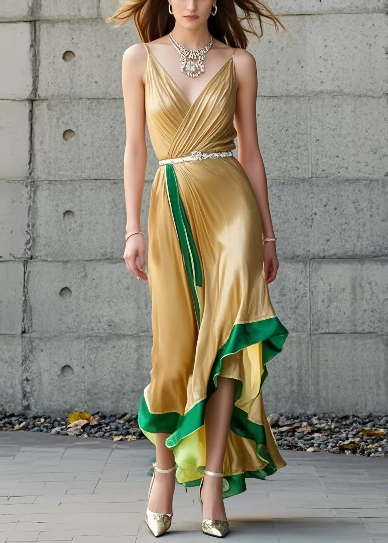 Organic Yellow Asymmetrical Patchwork Silk Spaghetti Strap Dress Summer - Image 3