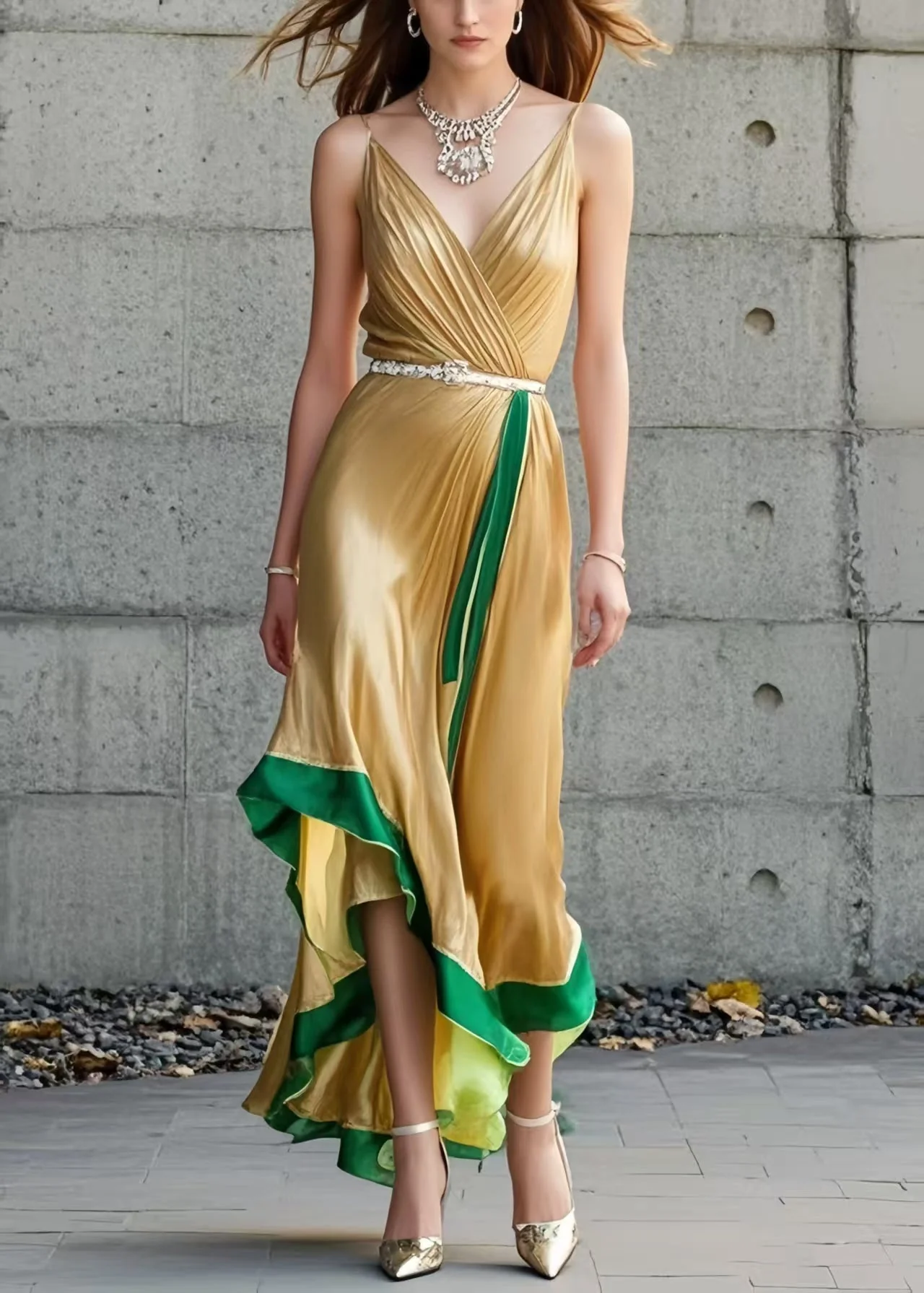 Organic Yellow Asymmetrical Patchwork Silk Spaghetti Strap Dress Summer - Image 5
