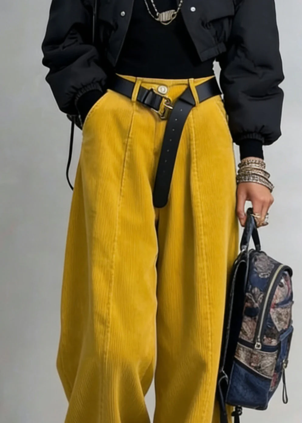 Organic Yellow High Waist Pockets Patchwork Corduroy Wide Leg Pants Spring - Image 2