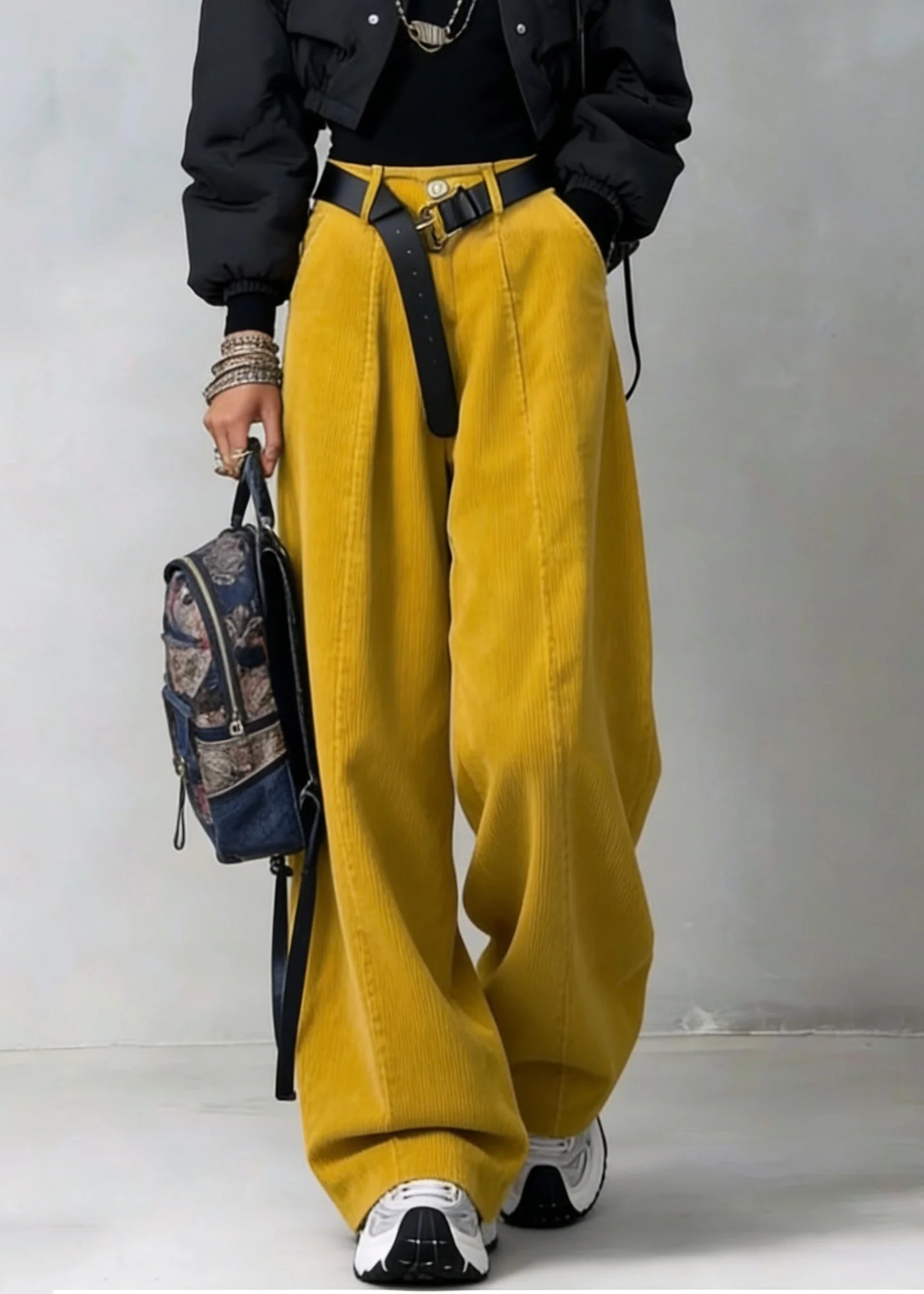 Organic Yellow High Waist Pockets Patchwork Corduroy Wide Leg Pants Spring - Image 3