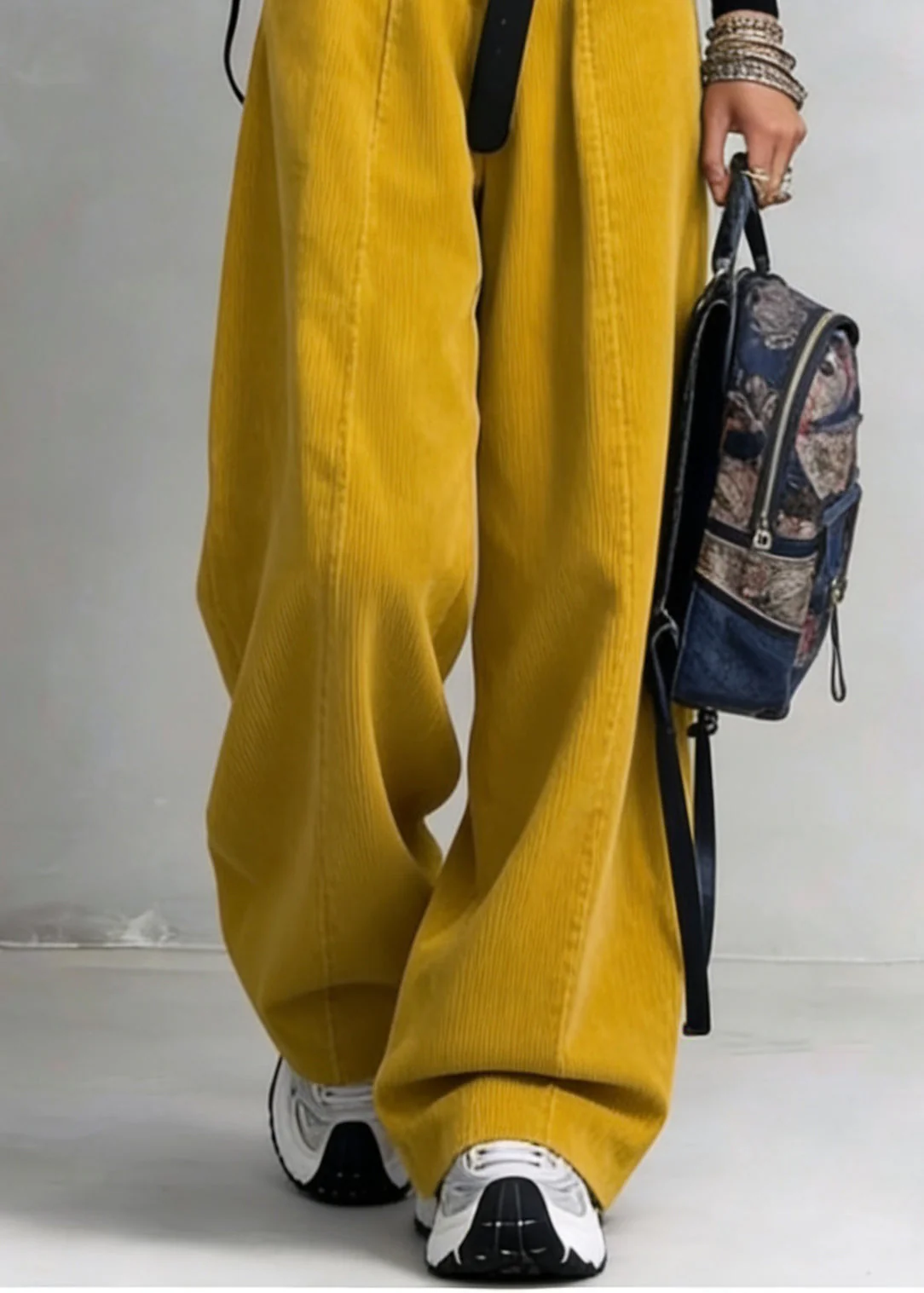 Organic Yellow High Waist Pockets Patchwork Corduroy Wide Leg Pants Spring - Image 4