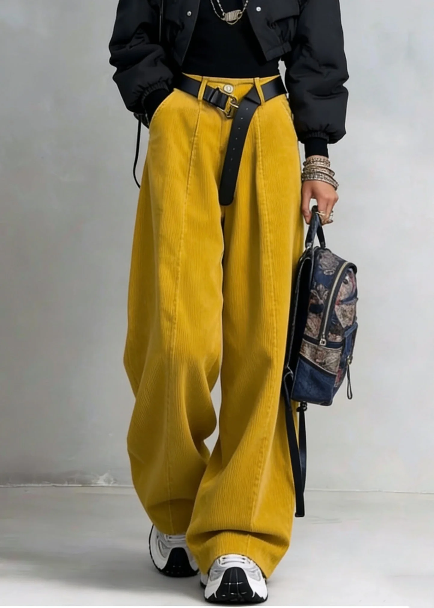 Organic Yellow High Waist Pockets Patchwork Corduroy Wide Leg Pants Spring - Image 5