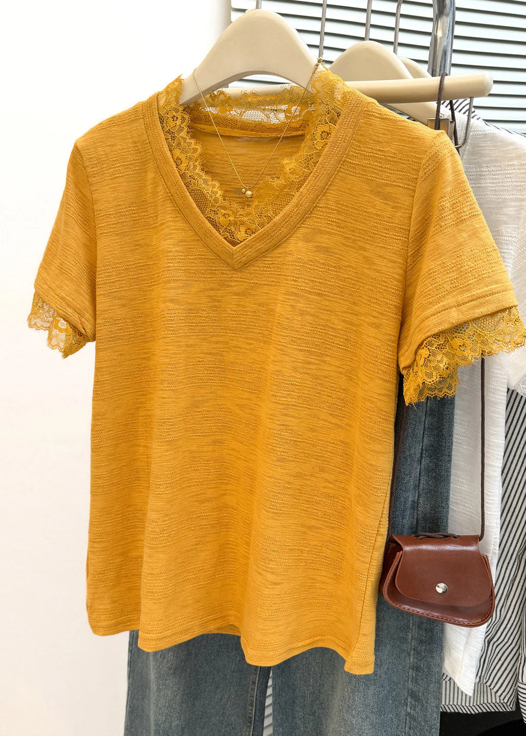 Organic Yellow Lace Patchwork T Shirt Summer - Image 2
