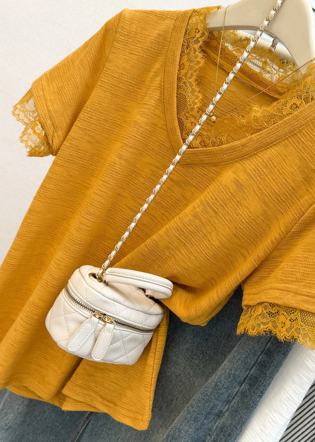 Organic Yellow Lace Patchwork T Shirt Summer - Image 3