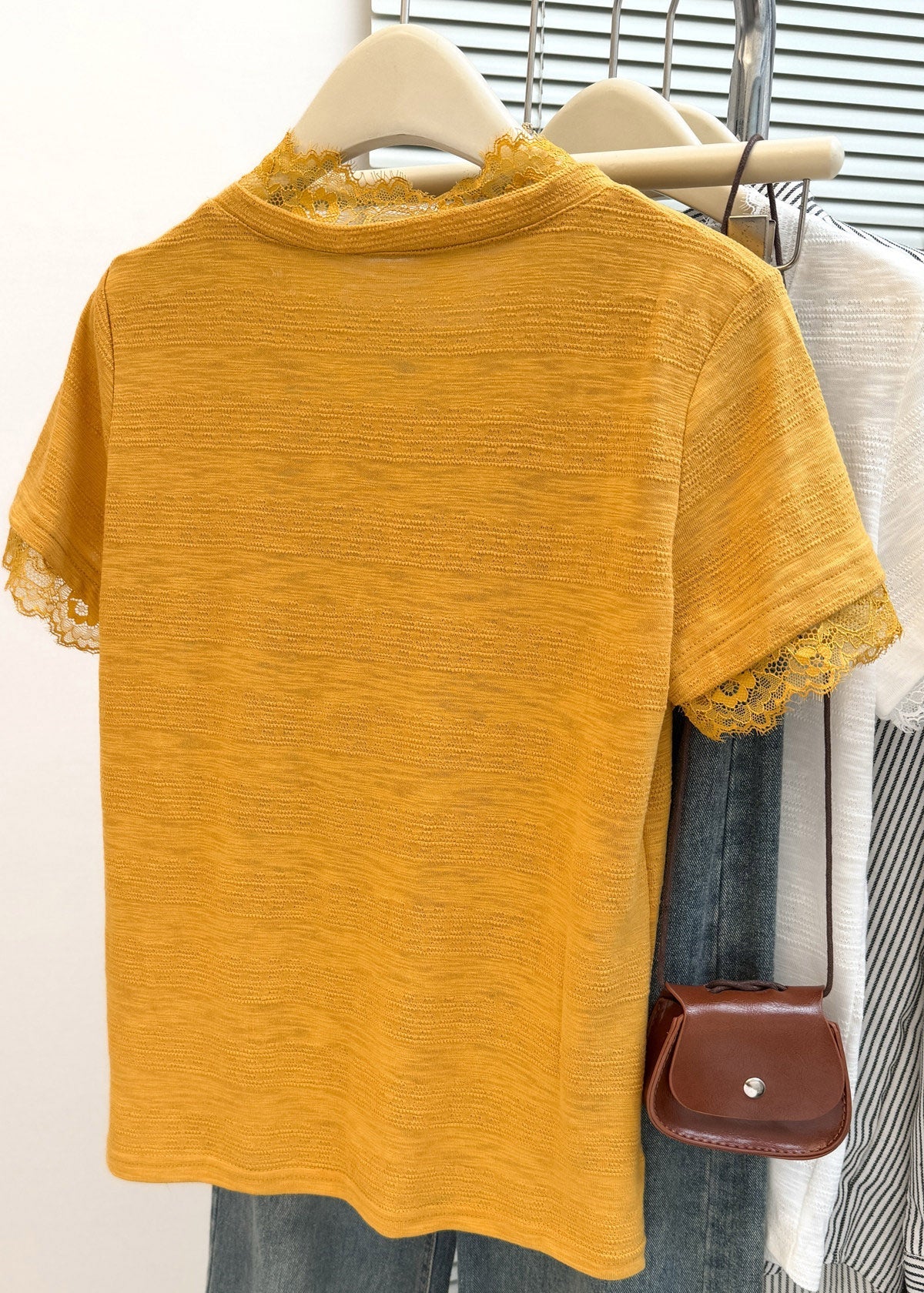 Organic Yellow Lace Patchwork T Shirt Summer - Image 4