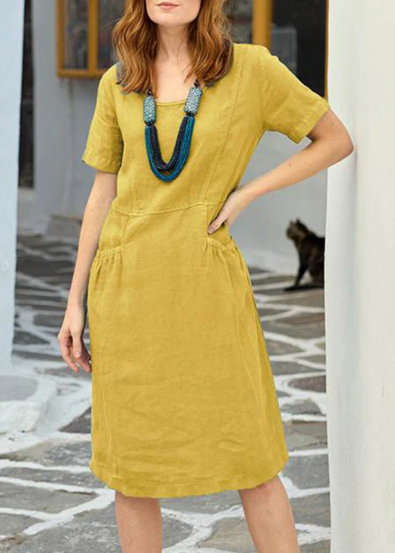 Organic Yellow Patchwork Pockets Solid Long Dress Short Sleeve - Image 4