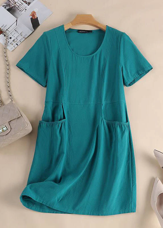 Organic Yellow Patchwork Pockets Solid Long Dress Short Sleeve - Image 5