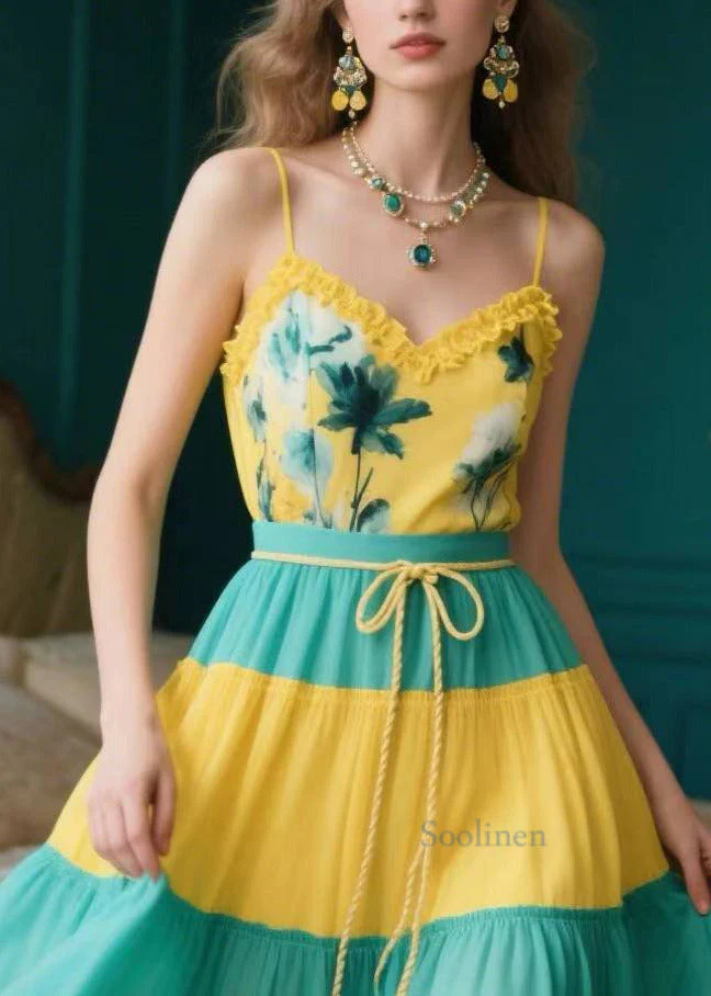 Organic Yellow Ruffled Patchwork Chiffon Spaghetti Strap Dress Summer - Image 2