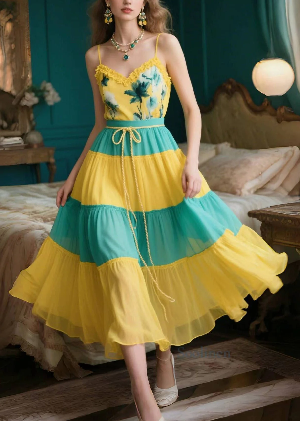 Organic Yellow Ruffled Patchwork Chiffon Spaghetti Strap Dress Summer - Image 3