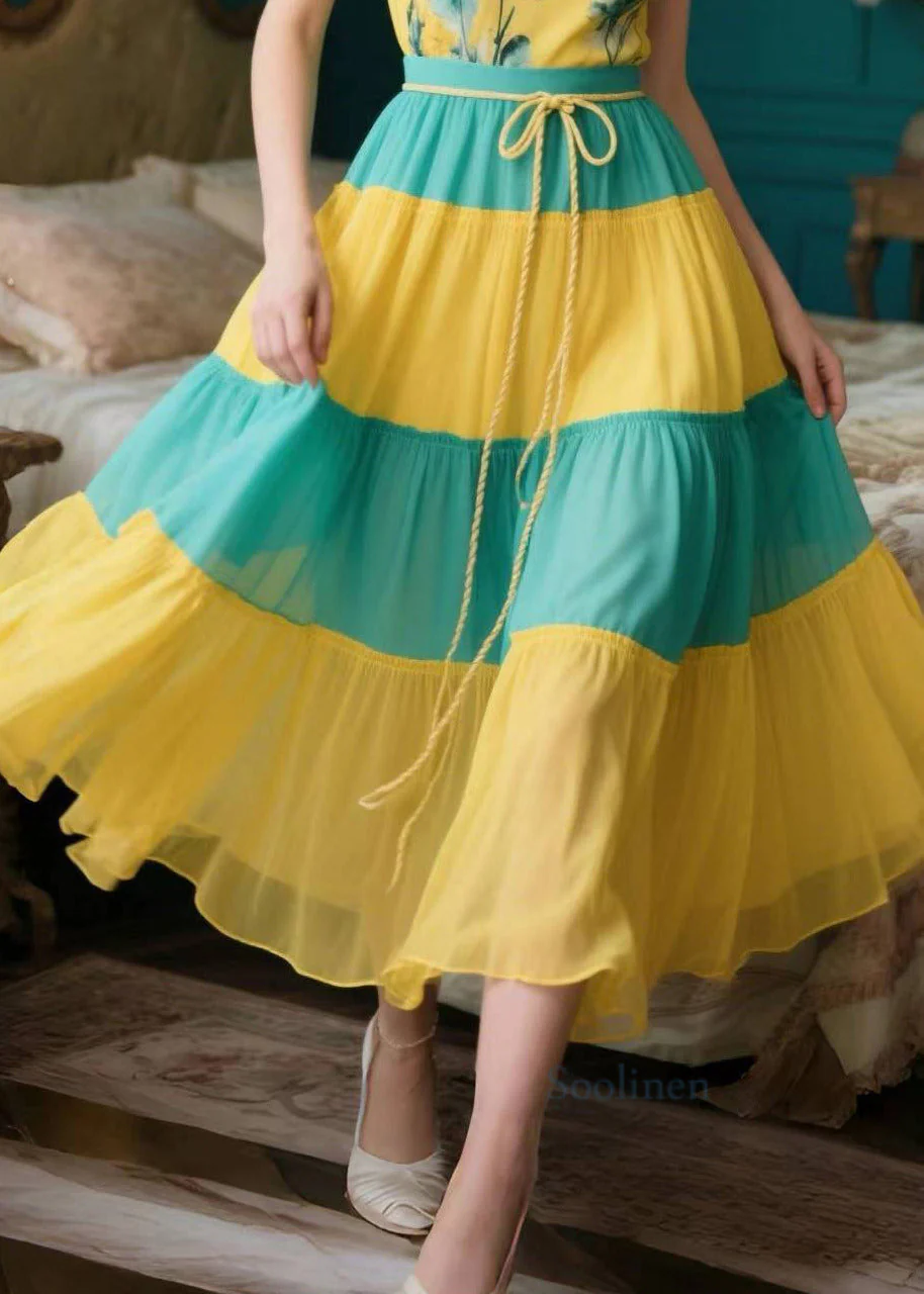 Organic Yellow Ruffled Patchwork Chiffon Spaghetti Strap Dress Summer - Image 4