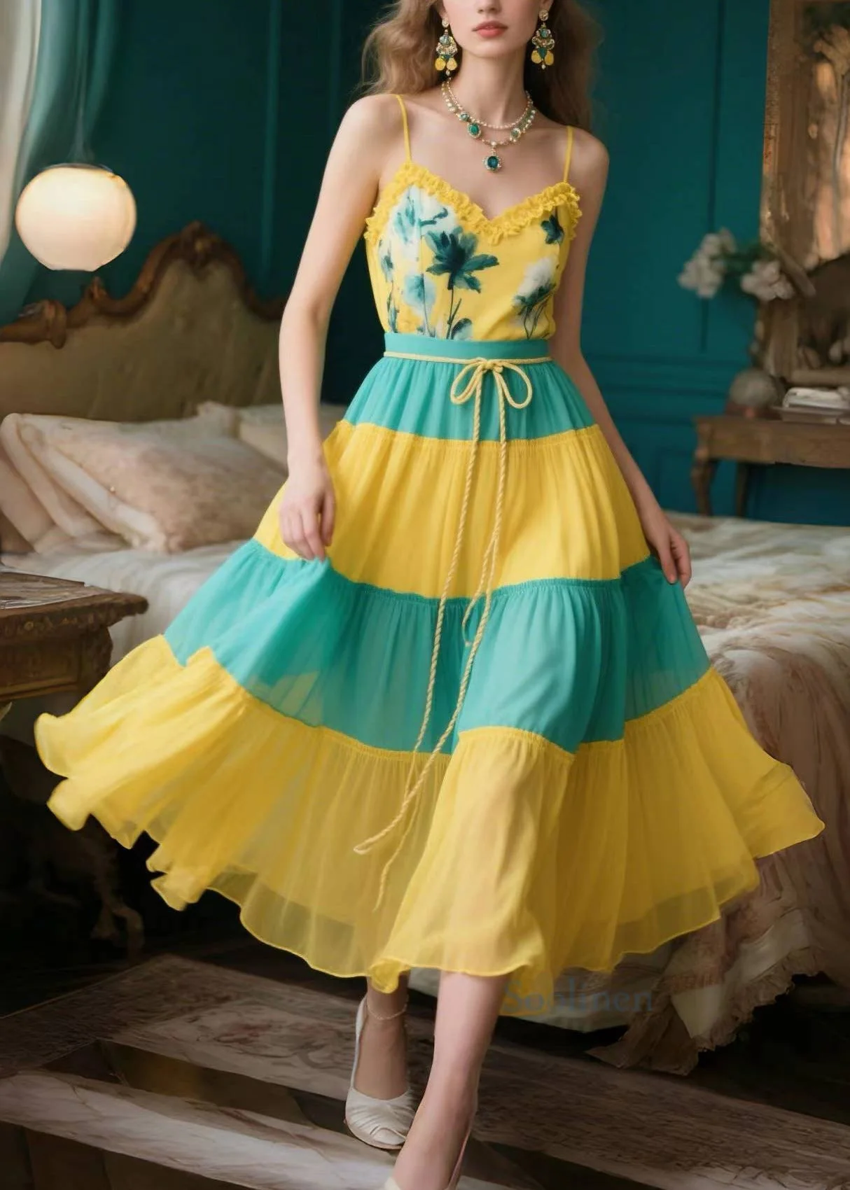Organic Yellow Ruffled Patchwork Chiffon Spaghetti Strap Dress Summer - Image 5