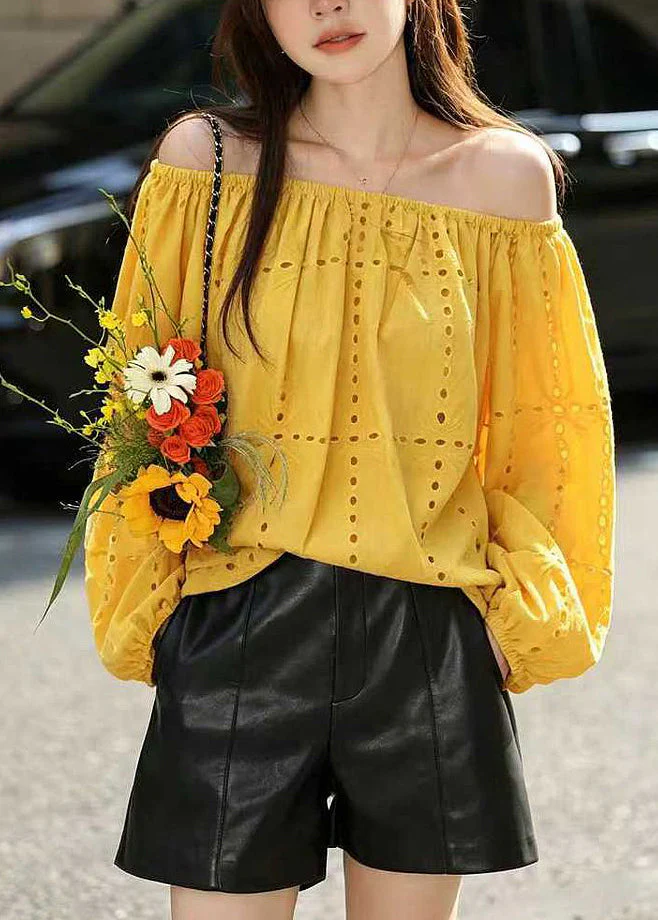 Organic Yellow Slash Neck Hollow Out Shirt Fall - Image 2