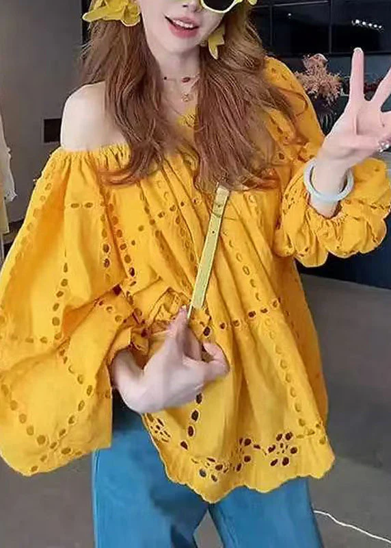 Organic Yellow Slash Neck Hollow Out Shirt Fall - Image 3