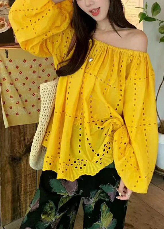 Organic Yellow Slash Neck Hollow Out Shirt Fall - Image 4