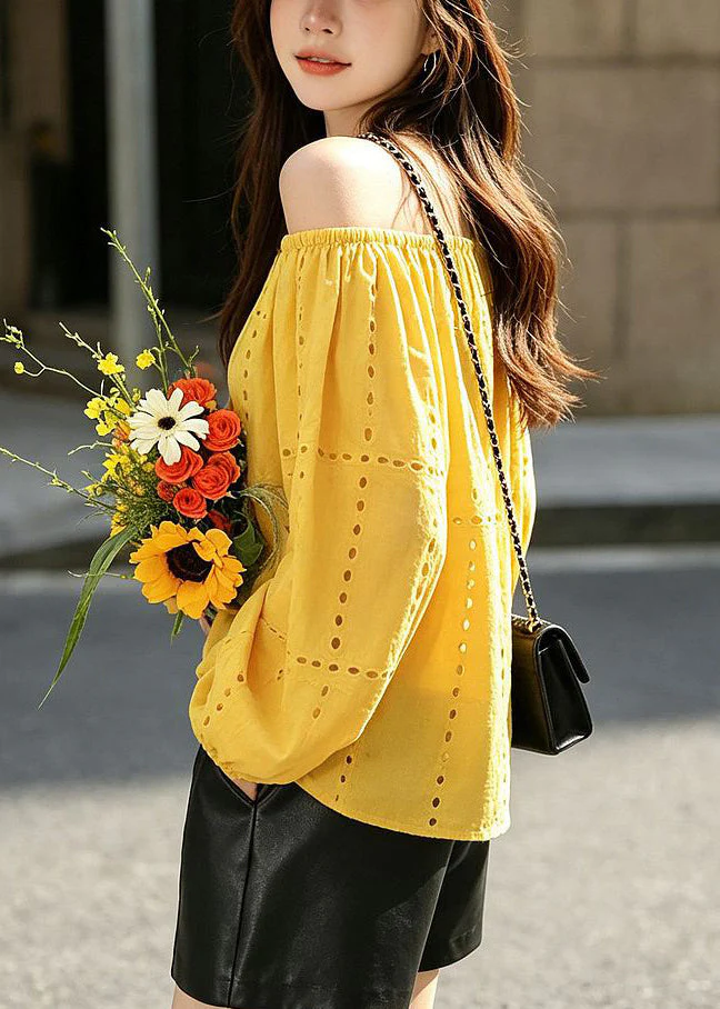 Organic Yellow Slash Neck Hollow Out Shirt Fall - Image 5