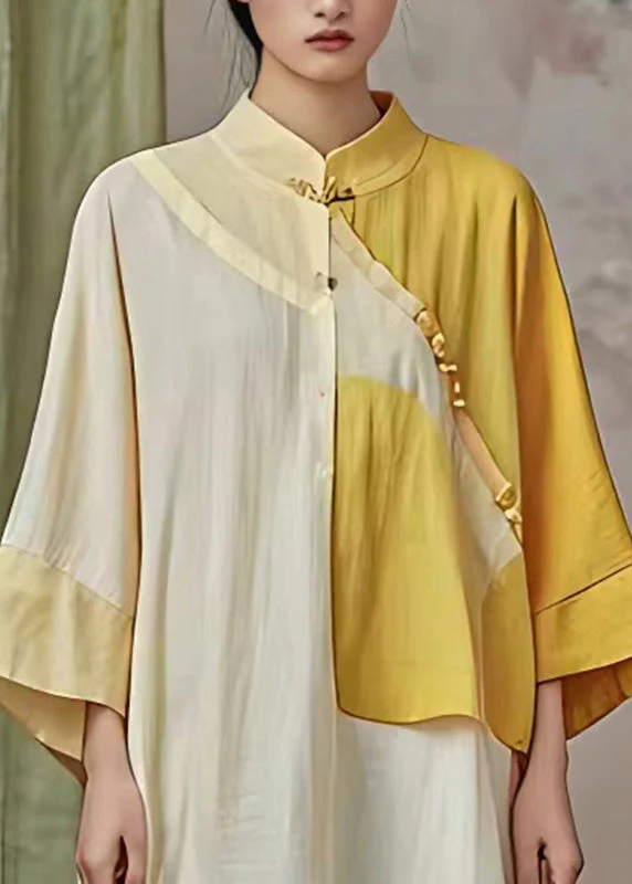 Organic Yellow Stand Collar Patchwork Long Dress Flare Sleeve - Image 2