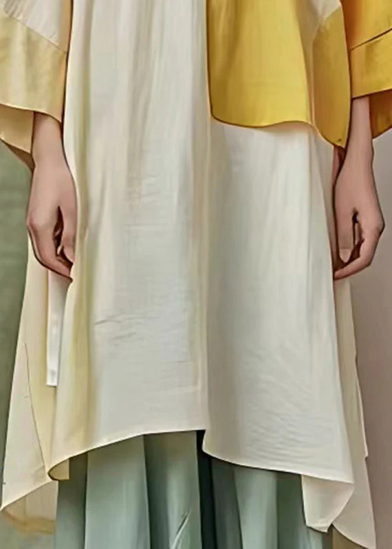 Organic Yellow Stand Collar Patchwork Long Dress Flare Sleeve - Image 4